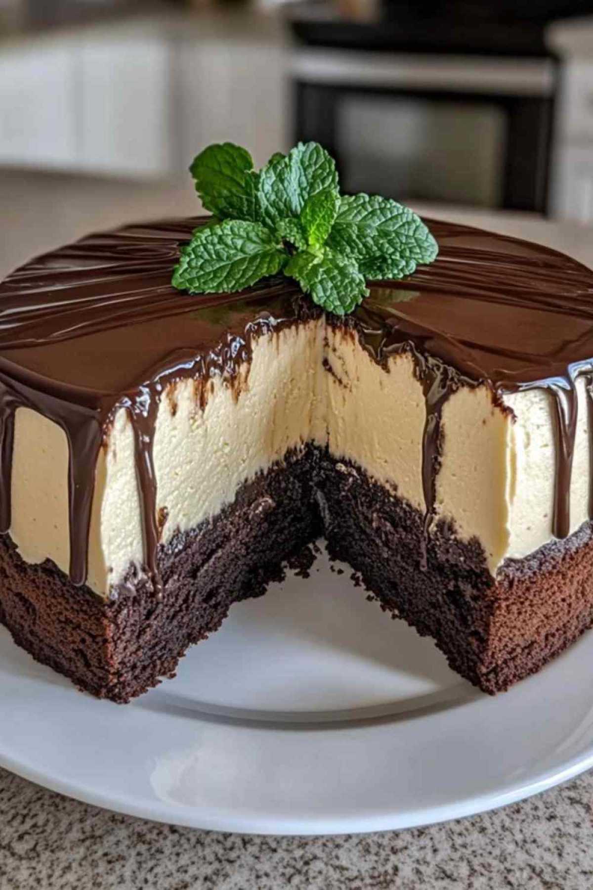 Doorsnede van chocolade-munt cheesecake met duidelijk zichtbare drie lagen