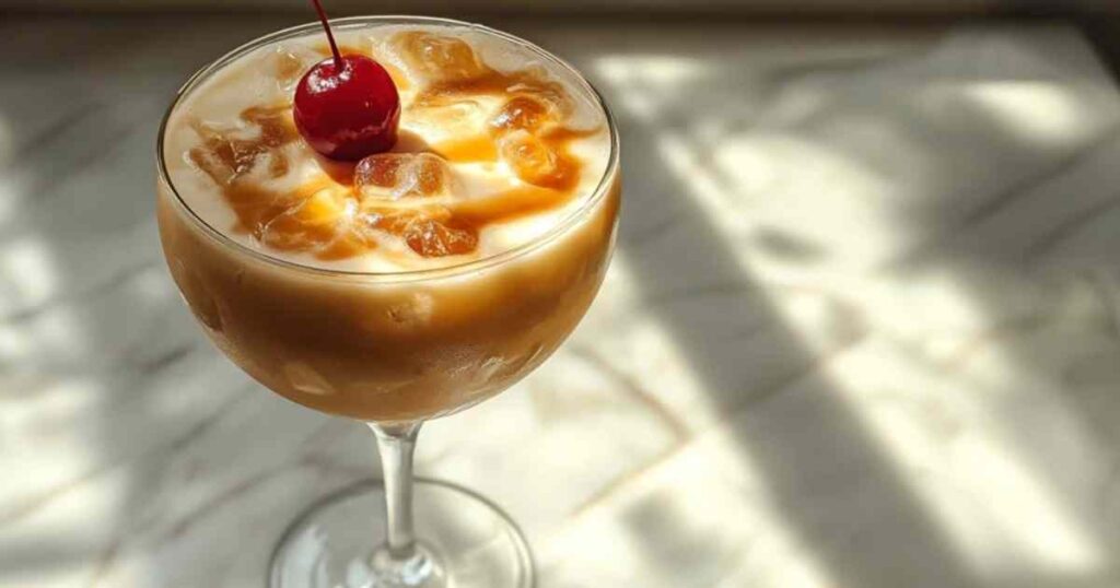 Romige karamel cocktail in whiskeyglas met maraschino-kers