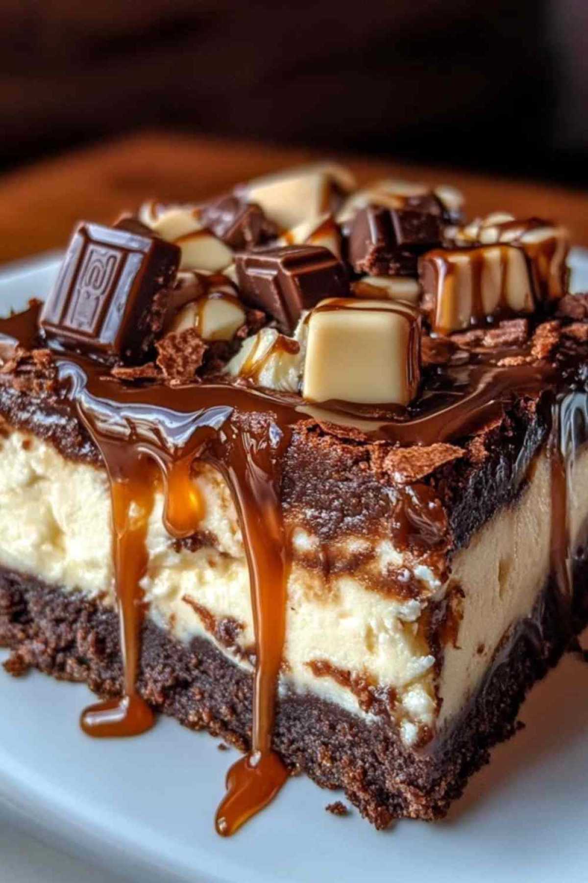 Zelfgemaakte brownies met caramel-cheesecake en Milky Way op een houten serveerbord