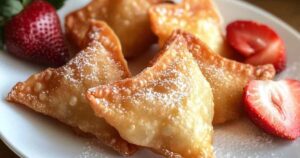 Knapperige aardbei-cheesecake wonton hapjes bestrooid met poedersuiker