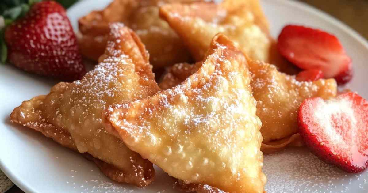 Knapperige aardbei-cheesecake wonton hapjes bestrooid met poedersuiker