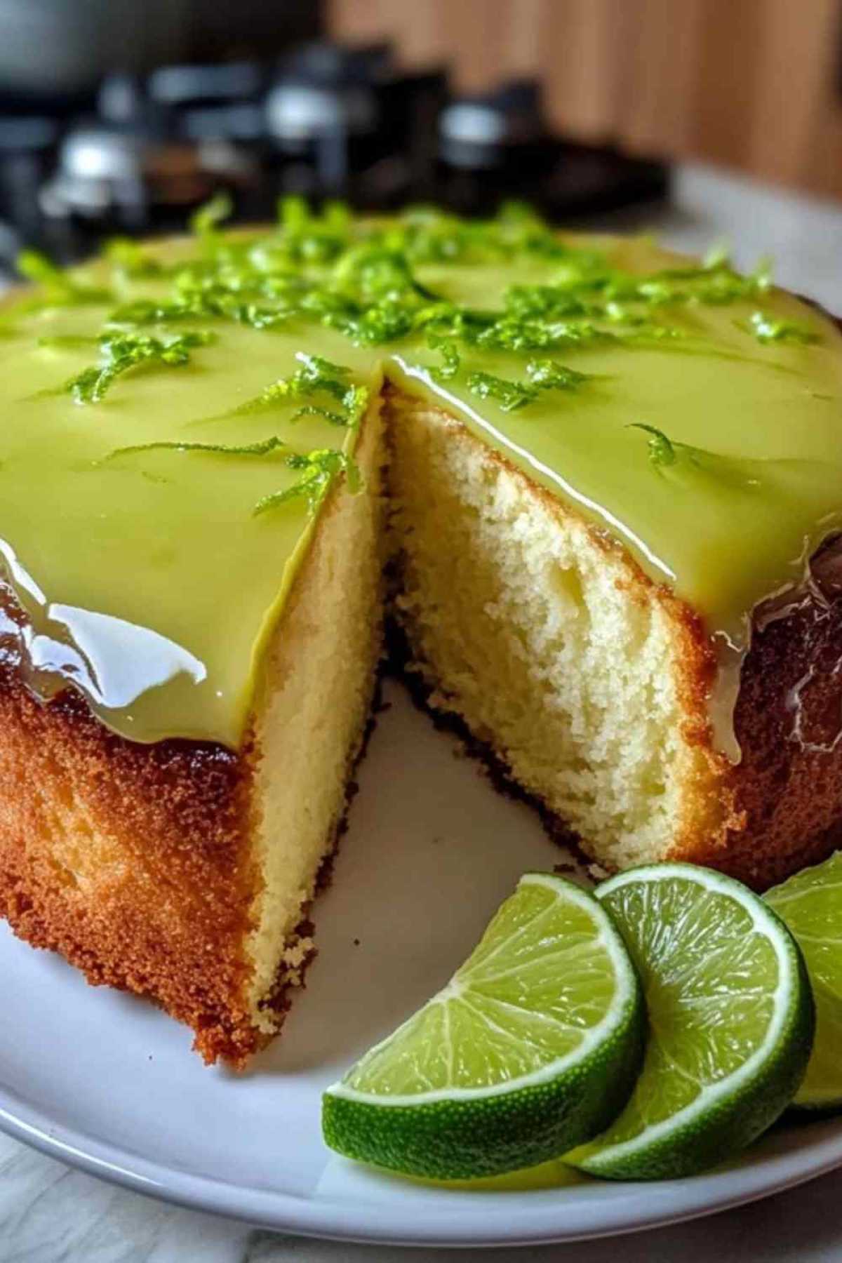 Limoen pound cake met glazuur en verse limoenen