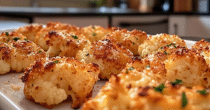 Knapperige geroosterde parmezaan bloemkoolbites op een bakplaat