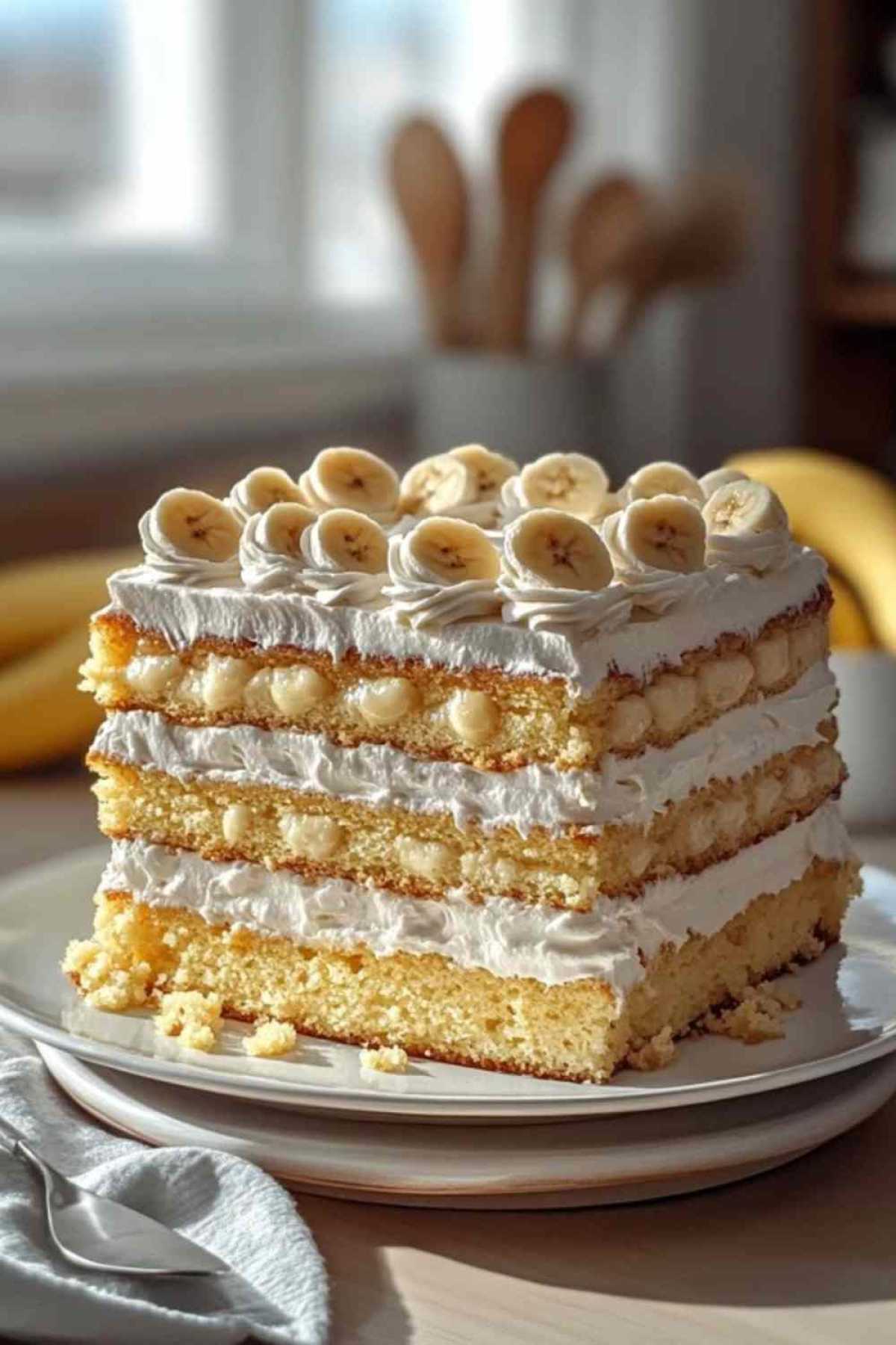 Feestelijke bananen pudding cake geserveerd op een mooi gedekte tafel
