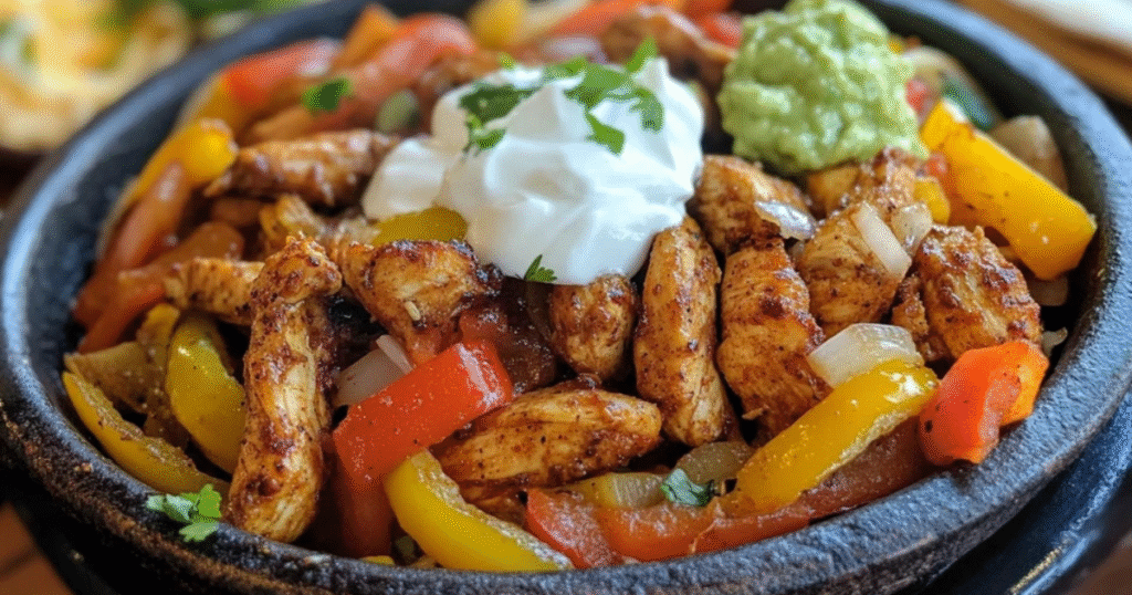Bord met verse kip fajitas gevuld met kleurrijke groenten en toppings