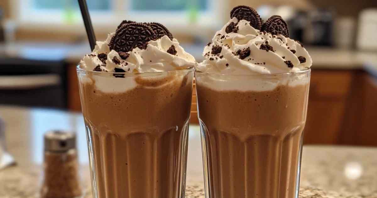 Ingrediënten voor Oreo milkshake uitgestald op aanrecht