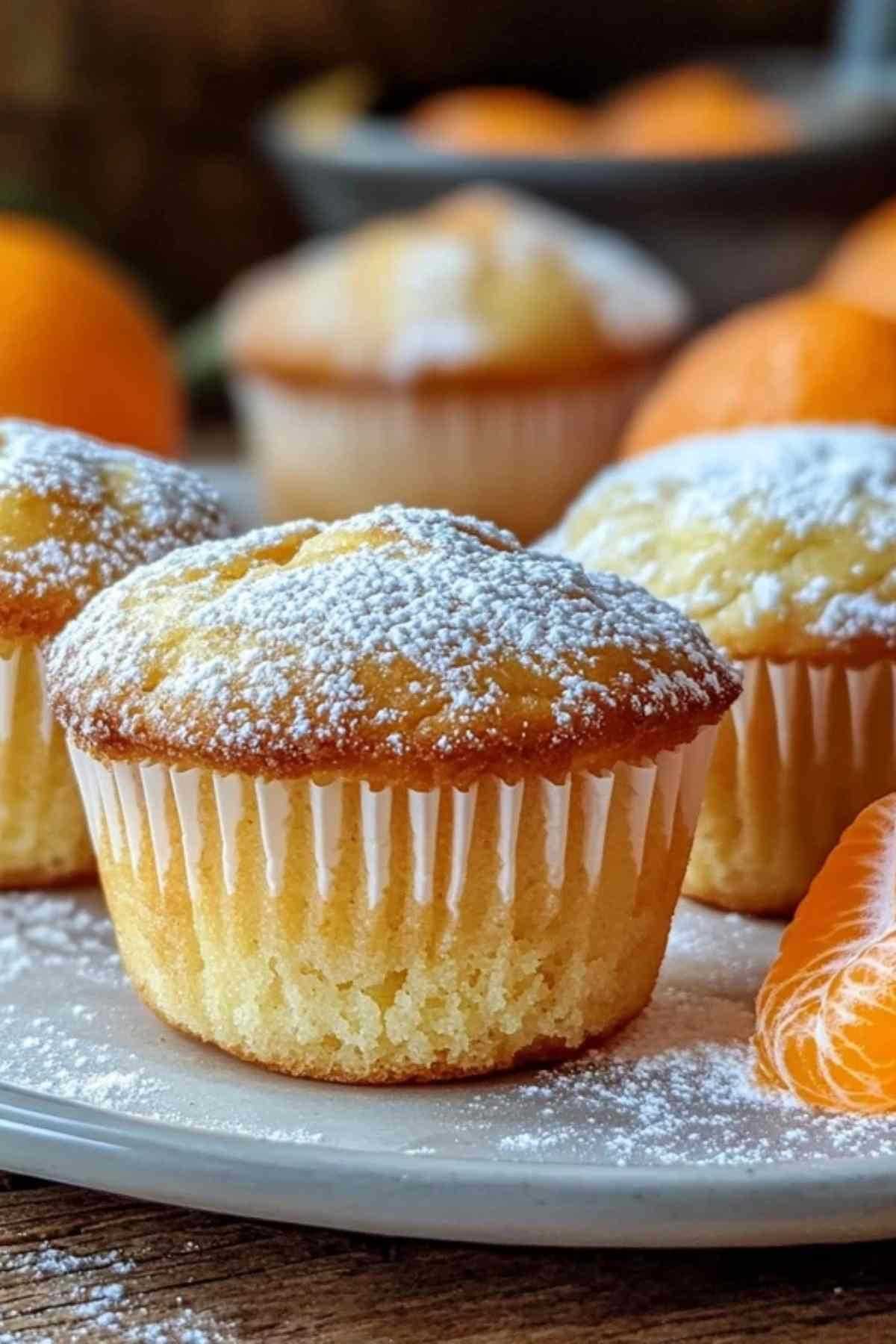 Het binnenste van een kwarkkoek muffin met zichtbare stukjes mandarijn