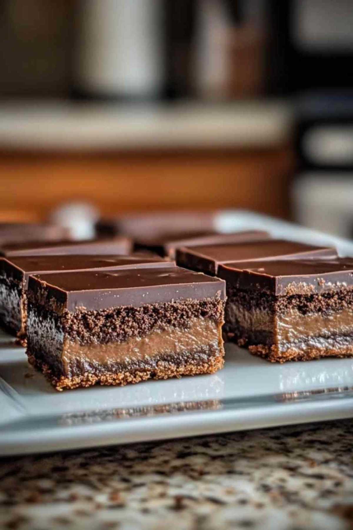 Proces van het dippen van 3 Musketiers repen in gesmolten chocolade