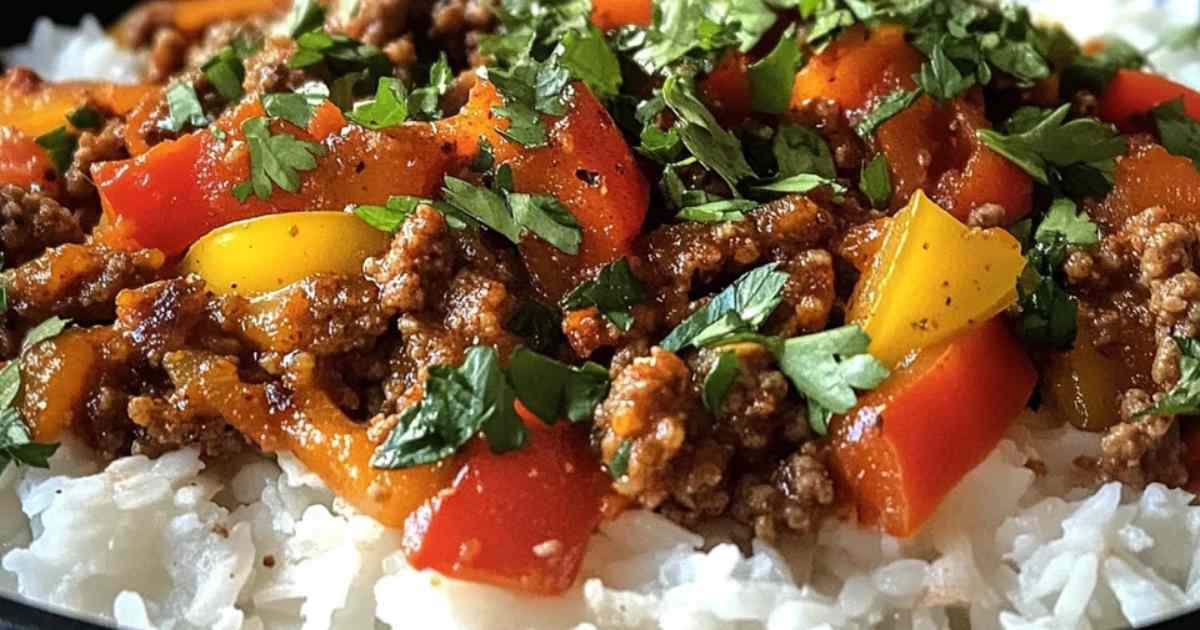 Rijst gehaktpan met paprika geserveerd met salade