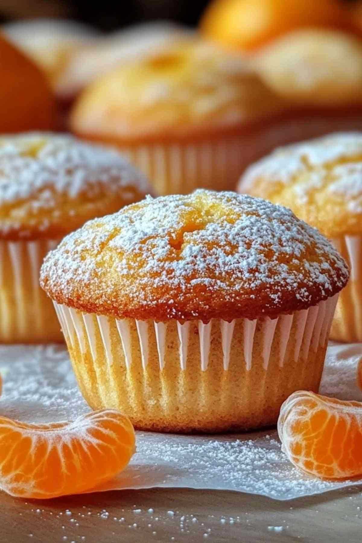 Kwarkkoek muffins geserveerd met verse mandarijnpartjes en koffie