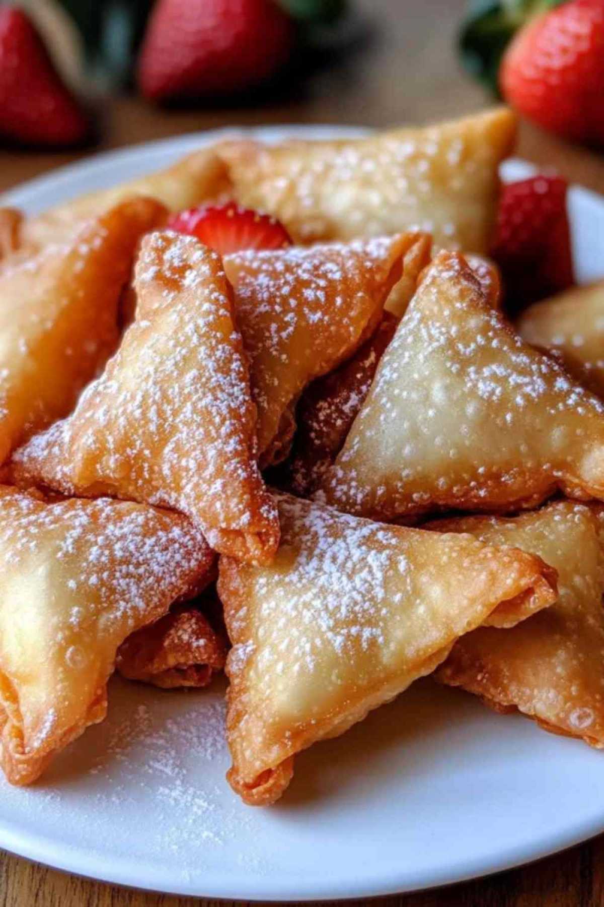 Bereidingsproces van aardbei-cheesecake wonton hapjes