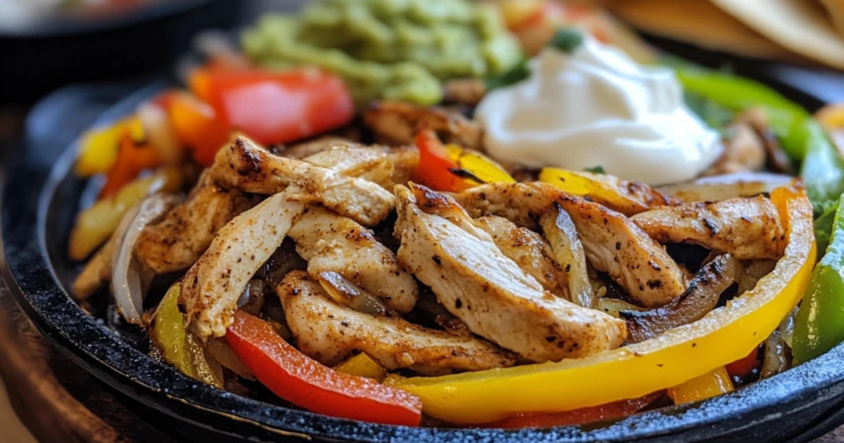 Bord met verse kip fajitas gevuld met kleurrijke groenten en toppings