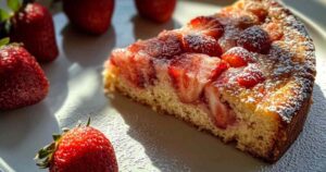 Verse aardbeiencake met glanzende glazuur op een witte serveerschaal