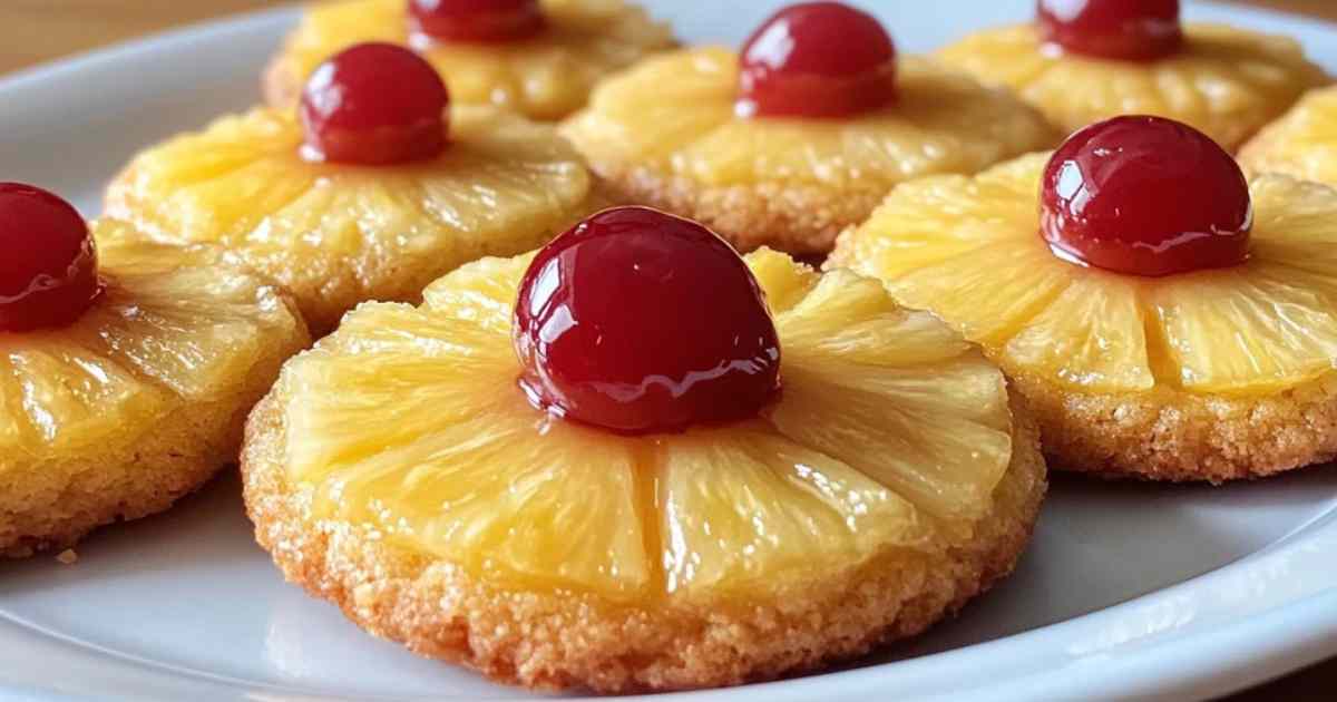  Versgebakken omgekeerde ananas-koekjes met glanzende maraschino kersen