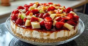 Close-up van een portie fruitige kwarktaart op een bord