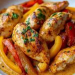 Bord met romige paprika kip geserveerd met witte rijst