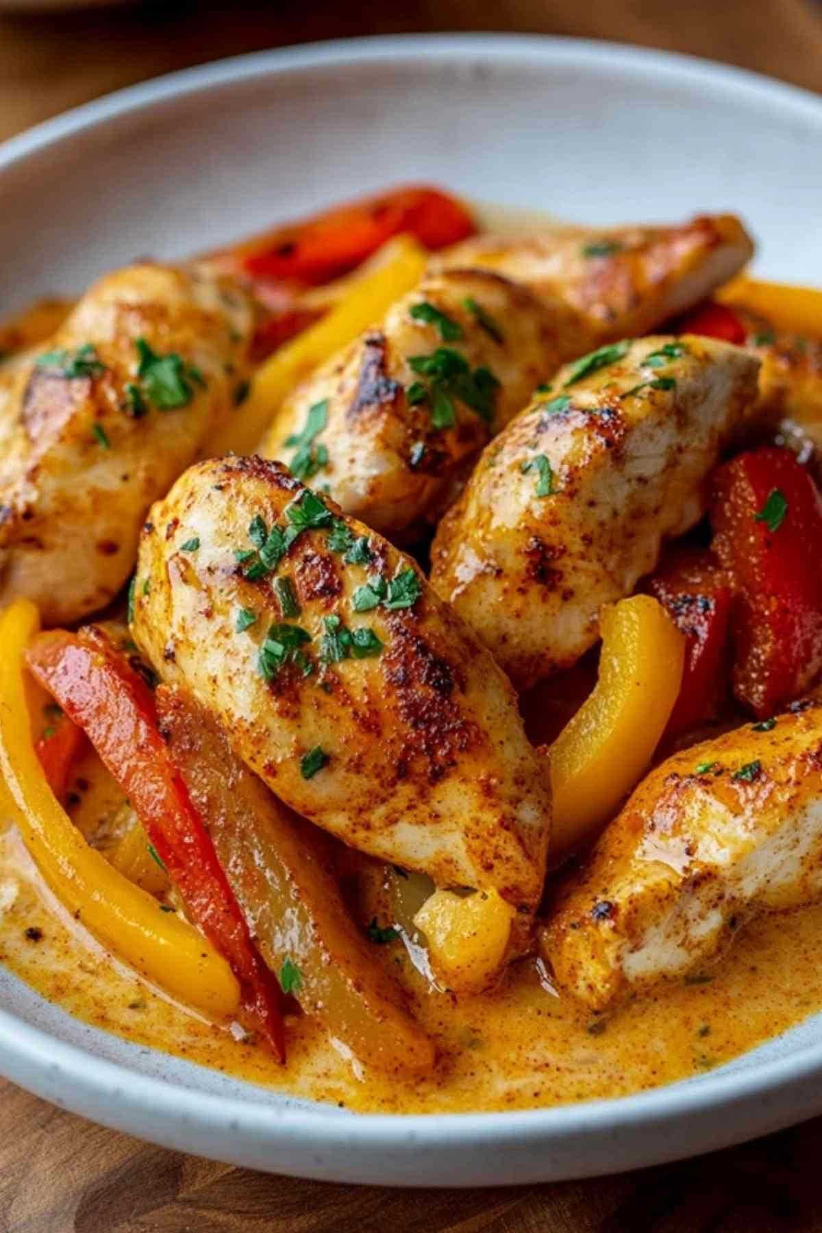 Bord met romige paprika kip geserveerd met witte rijst