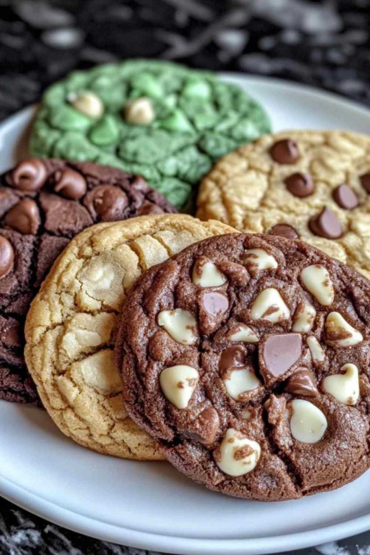 Vier smaakvarianten van Levain cookies naast elkaar