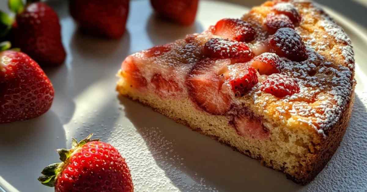 Verse aardbeiencake met glanzende glazuur op een witte serveerschaal