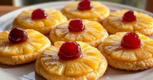Versgebakken omgekeerde ananas-koekjes met glanzende maraschino kersen