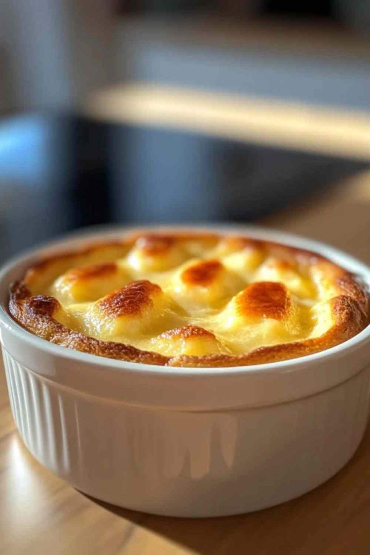Ovenschaal met versgebakken broodpudding op een houten tafel