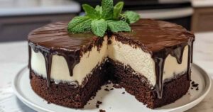 Doorsnede van chocolade-munt cheesecake met duidelijk zichtbare drie lagen