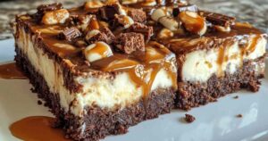 Zelfgemaakte brownies met caramel-cheesecake en Milky Way op een houten serveerbord