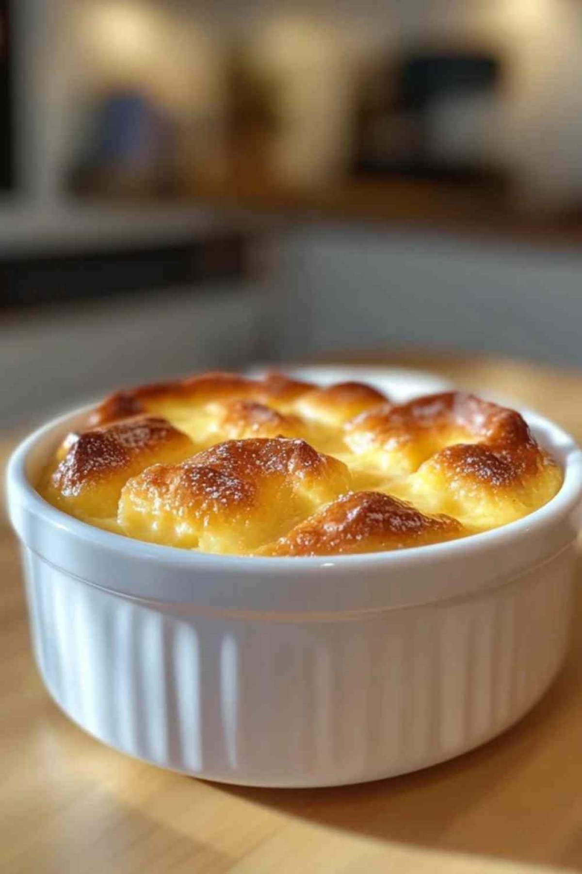 Lepel die vanillesaus over een portie broodpudding giet