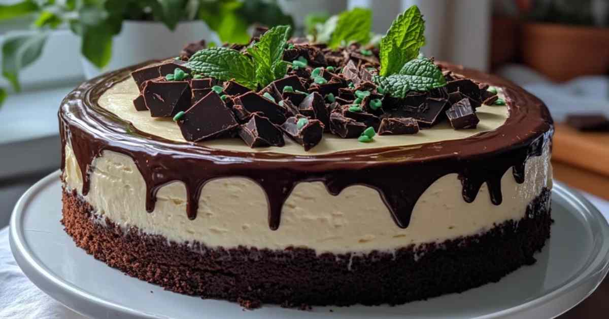 Doorsnede van chocolade-munt cheesecake met duidelijk zichtbare drie lagen