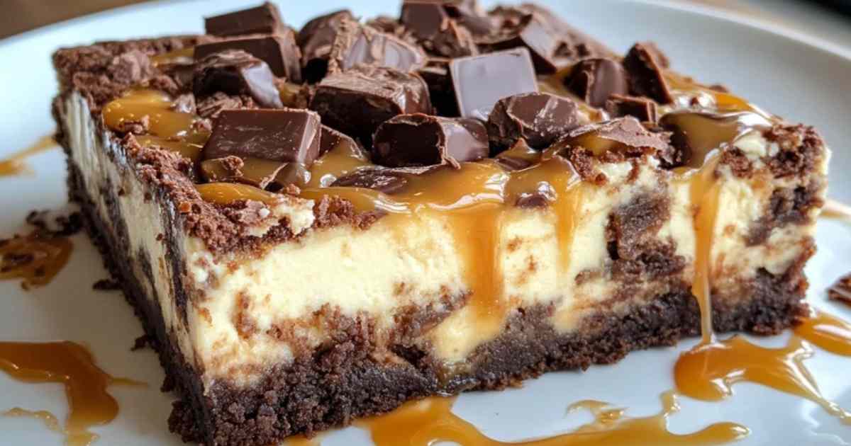 Zelfgemaakte brownies met caramel-cheesecake en Milky Way op een houten serveerbord