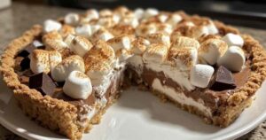 Plakje smores-tarte met uitgerekte marshmallow draden