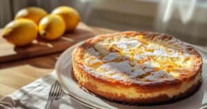 Vers gebakken citroen-ricotta-amandelcake bestrooid met poedersuiker