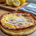 Vers gebakken citroen-ricotta-amandelcake bestrooid met poedersuiker