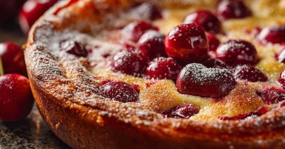 Versgebakken kersenclafoutis met poedersuiker bestrooid