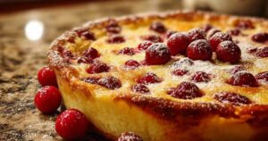 Portie kersenclafoutis geserveerd met slagroom