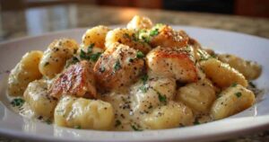 Bord met romige Gnocchi met Kip Alfredo gegarneerd met verse peterselie