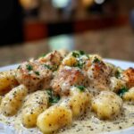 Eindresultaat van Gnocchi met Kip Alfredo recept geserveerd met salade