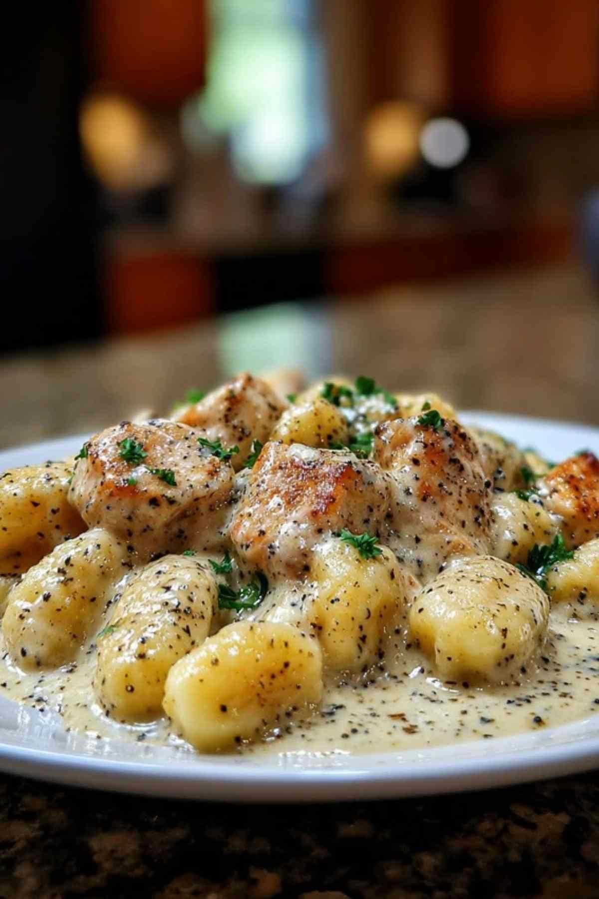 Eindresultaat van Gnocchi met Kip Alfredo recept geserveerd met salade