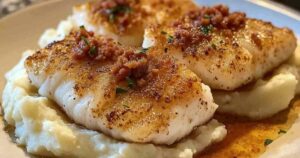 Gebakken kabeljauwfilet met romige chorizo-saus en gestampte aardappelen op een wit bord