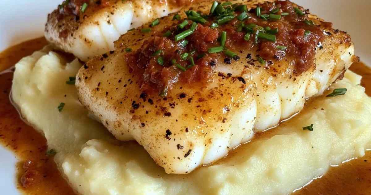 Chorizo-roomsaus die over een kabeljauwfilet wordt gegoten