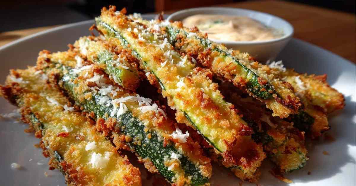 Knapperige gepaneerde courgettefrites uit de airfryer geserveerd met dipsaus