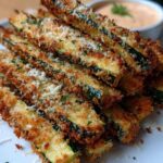 Gepaneerde courgettefrites in de mand van een airfryer