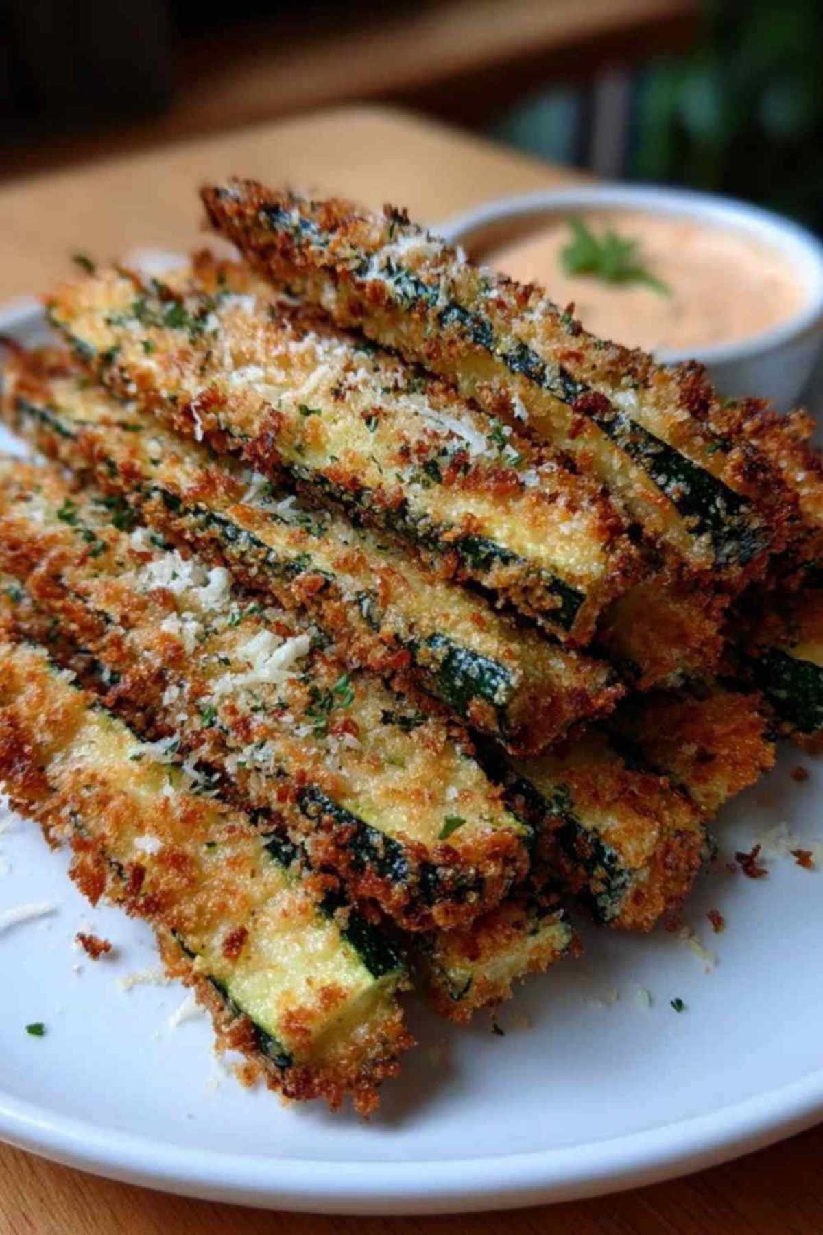 Gepaneerde courgettefrites in de mand van een airfryer