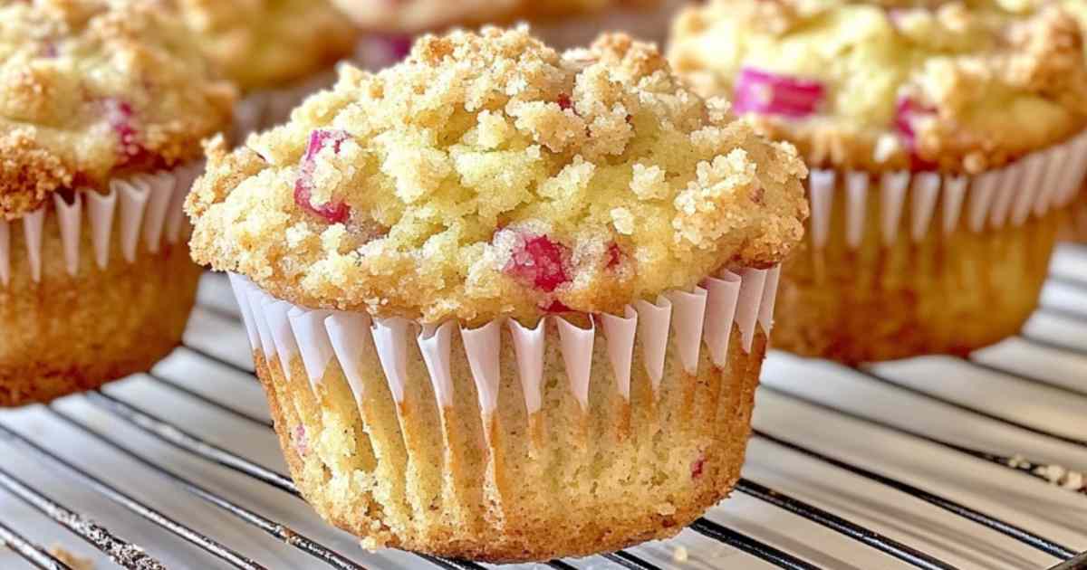 Doorsnede van rabarber muffin met zichtbare rabarberstukjes
