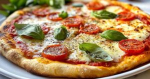 Uitgerold zelfgemaakt pizzadeeg klaar voor toppings