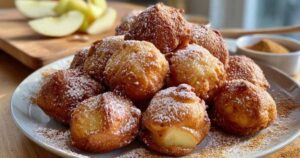 Zutaten für Apfelküchle: Äpfel, Mehl, Eier und Milch auf einem Holzbrett.