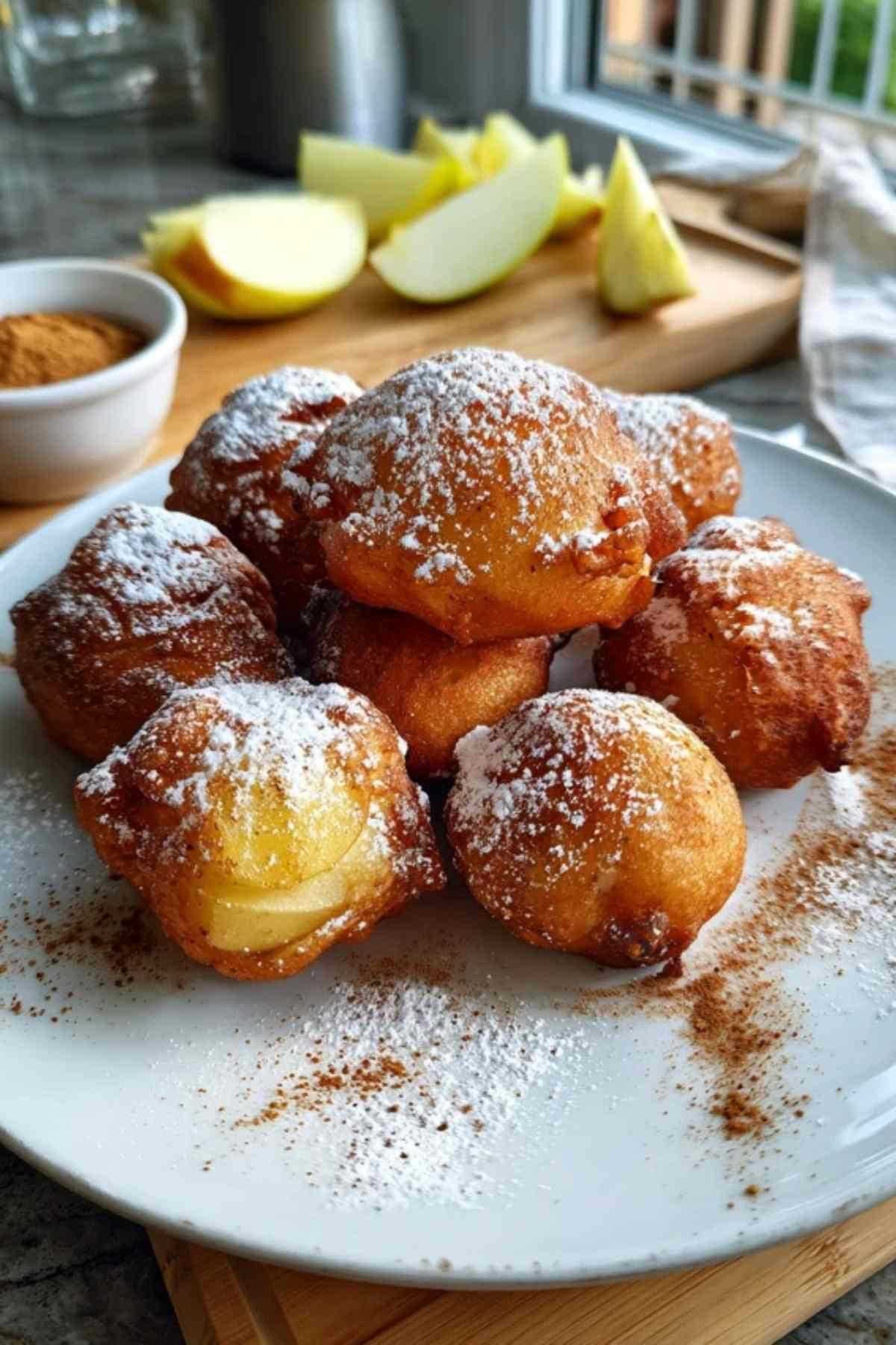 Apfelküchle, die in einer Pfanne mit heißem Öl goldbraun frittieren.