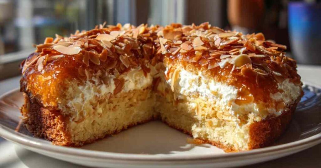 Ganzer Bienenstich-Kuchen auf einer weißen Tortenplatte, mit dem goldenen Mandel-Honig-Belag deutlich sichtbar.