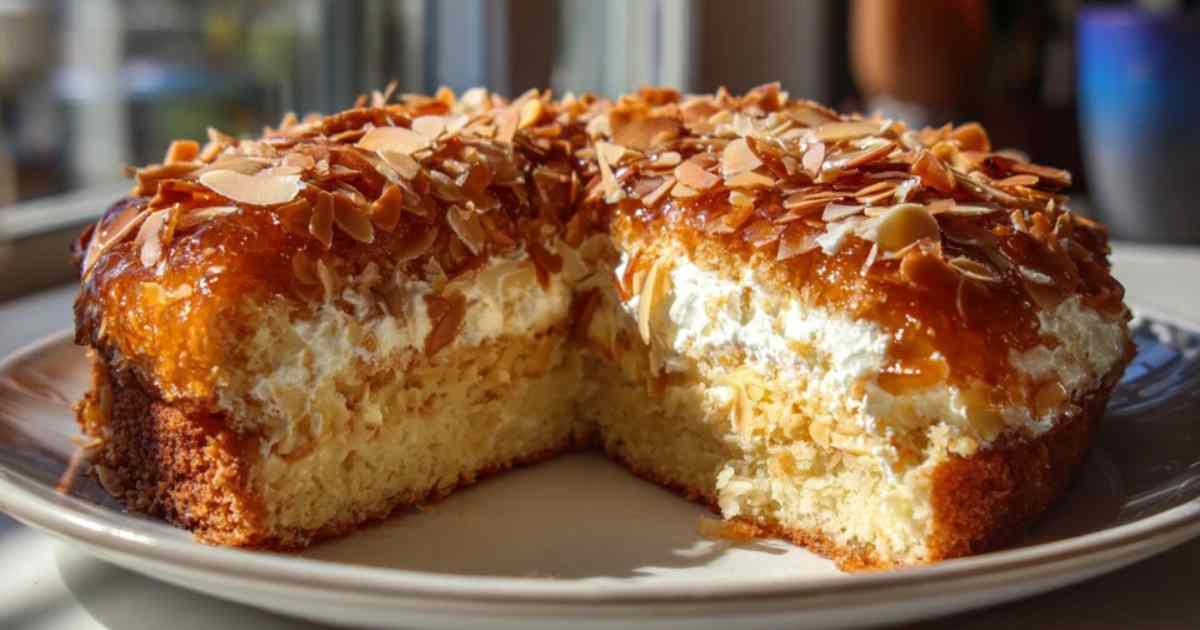Ganzer Bienenstich-Kuchen auf einer weißen Tortenplatte, mit dem goldenen Mandel-Honig-Belag deutlich sichtbar.