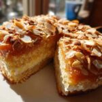 Ein Stück Bienenstich auf einem Teller, auf dem die Schichten aus weichem Kuchen und die dicke, cremige Vanillefüllung gut zu sehen sind.